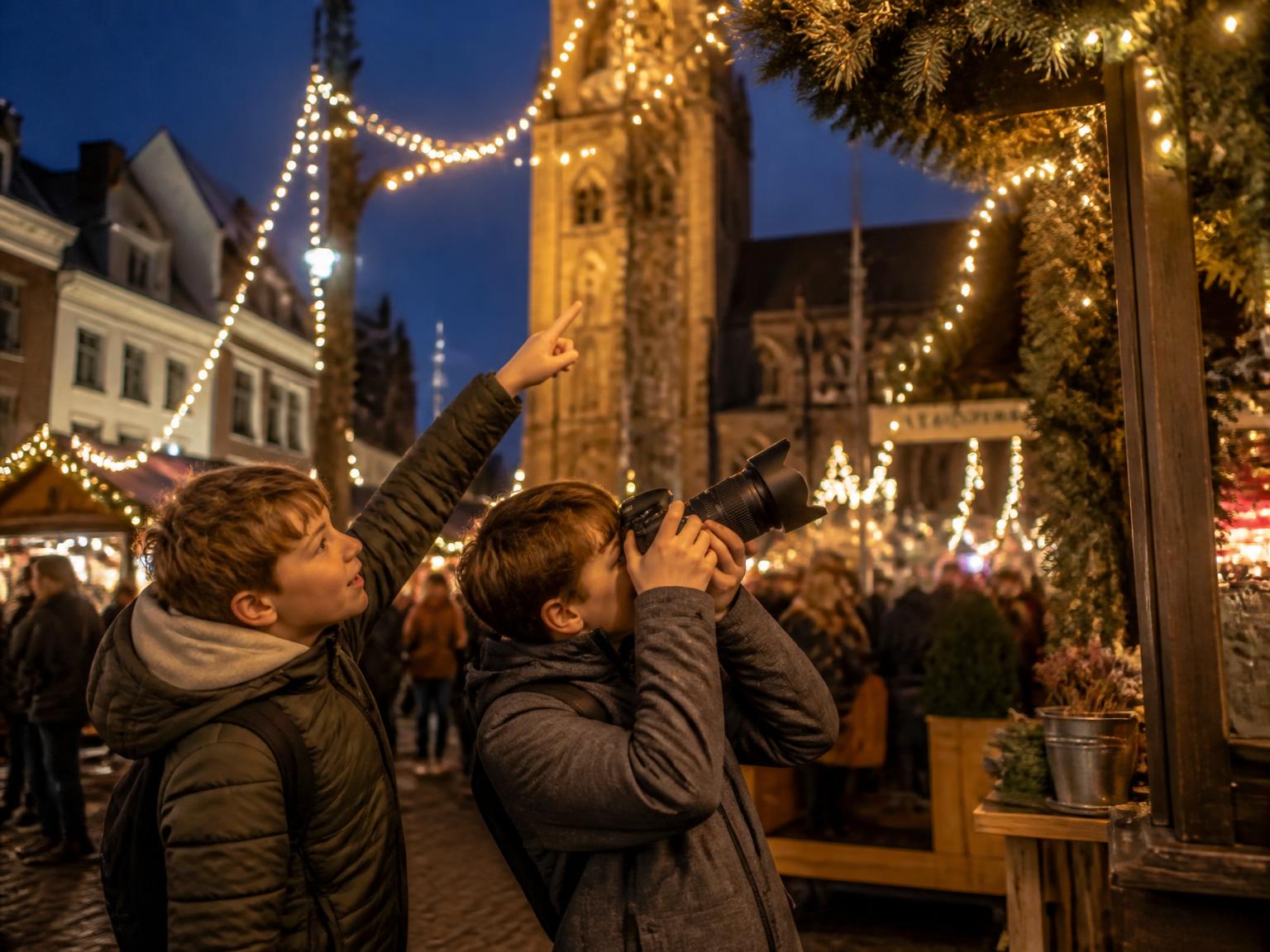 Twee kinderen op een verlichte kerstmarkt; één kind fotografeert de kerstverlichting met een spiegelreflexcamera